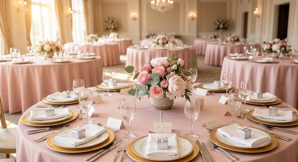 Round luncheon tables set with blush pink linens, gold chargers and pink roses