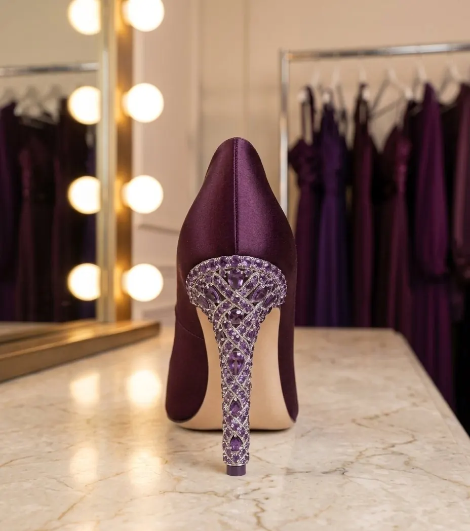 The back of a plum satin pump with a braided amethyst jeweled heel on a marble dressing table