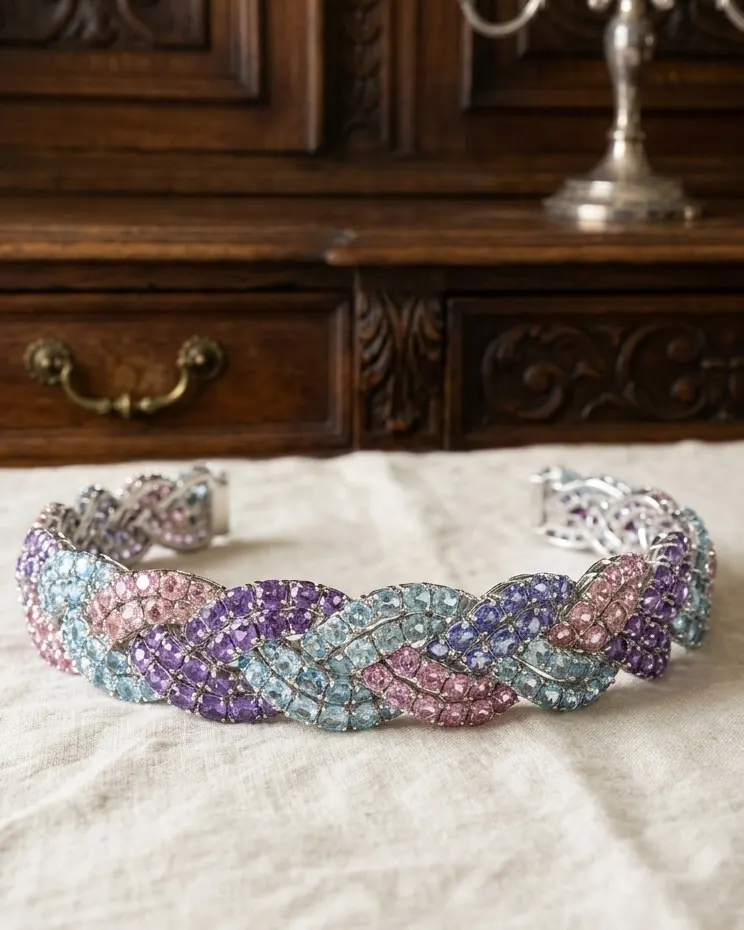 A bracelet of pink, purple and blue gemstones braided into one strand, resting on cream linen