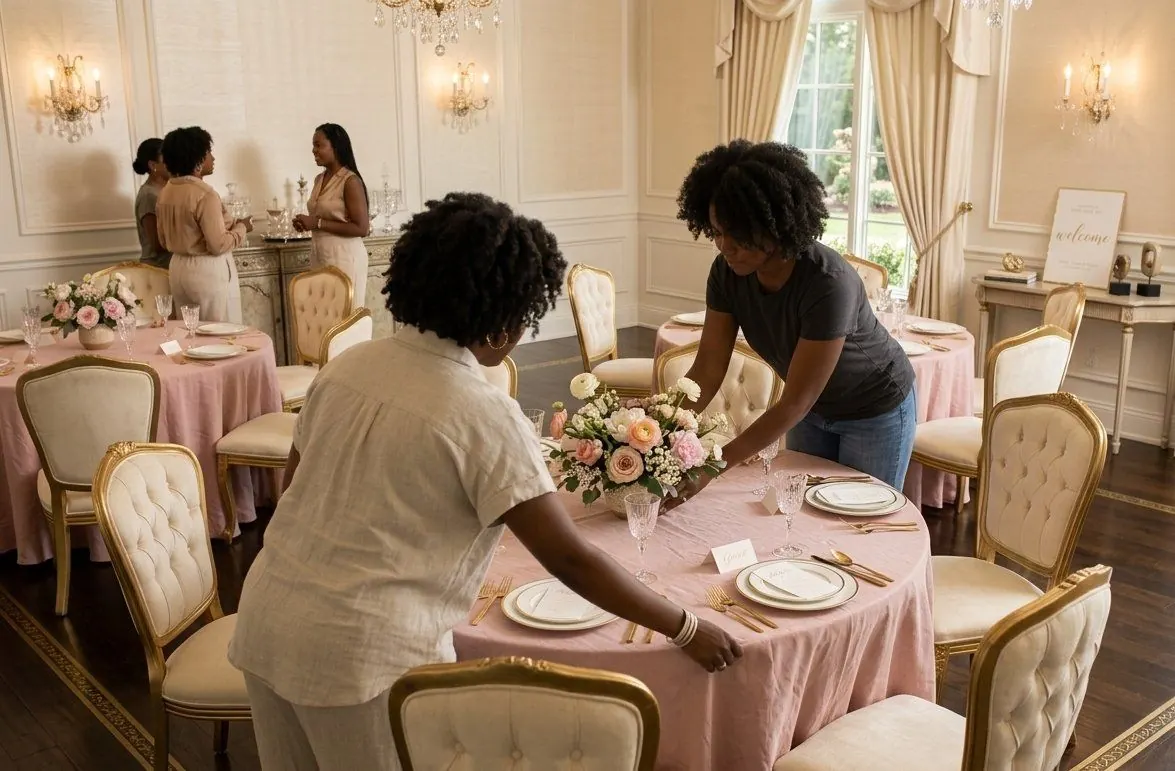 Volunteers set pink tablecloths and flowers before a luncheon