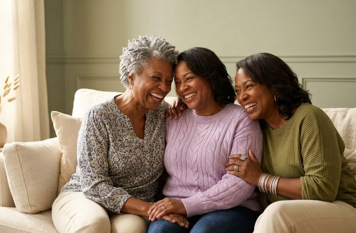 Three women laugh together on a sofa, leaning into one another