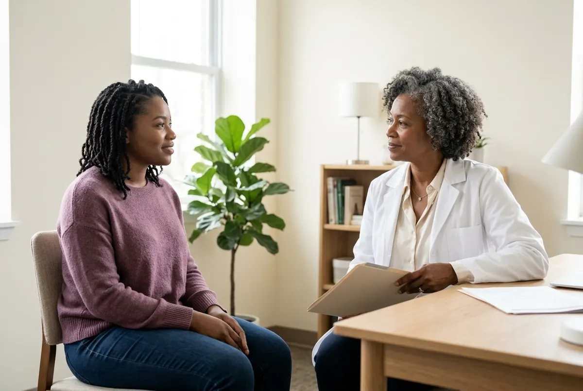A young woman in a plum sweater talks with her doctor in a bright, calm office