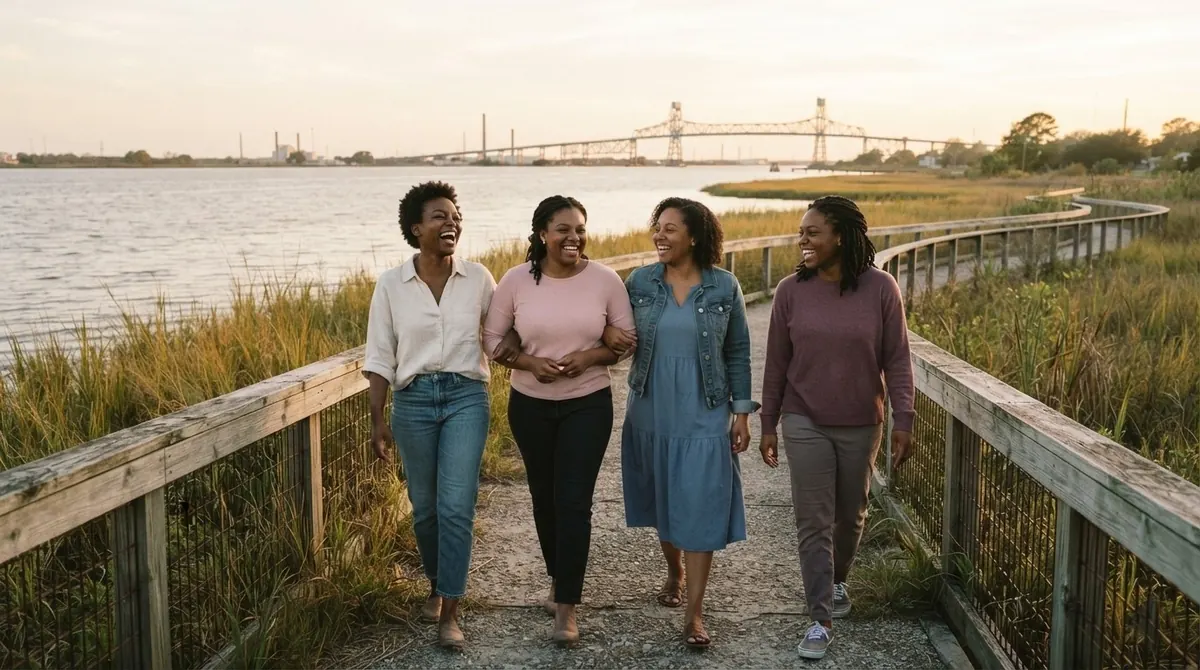 Four young women walking arm in arm on a boardwalk beside the water at sunset