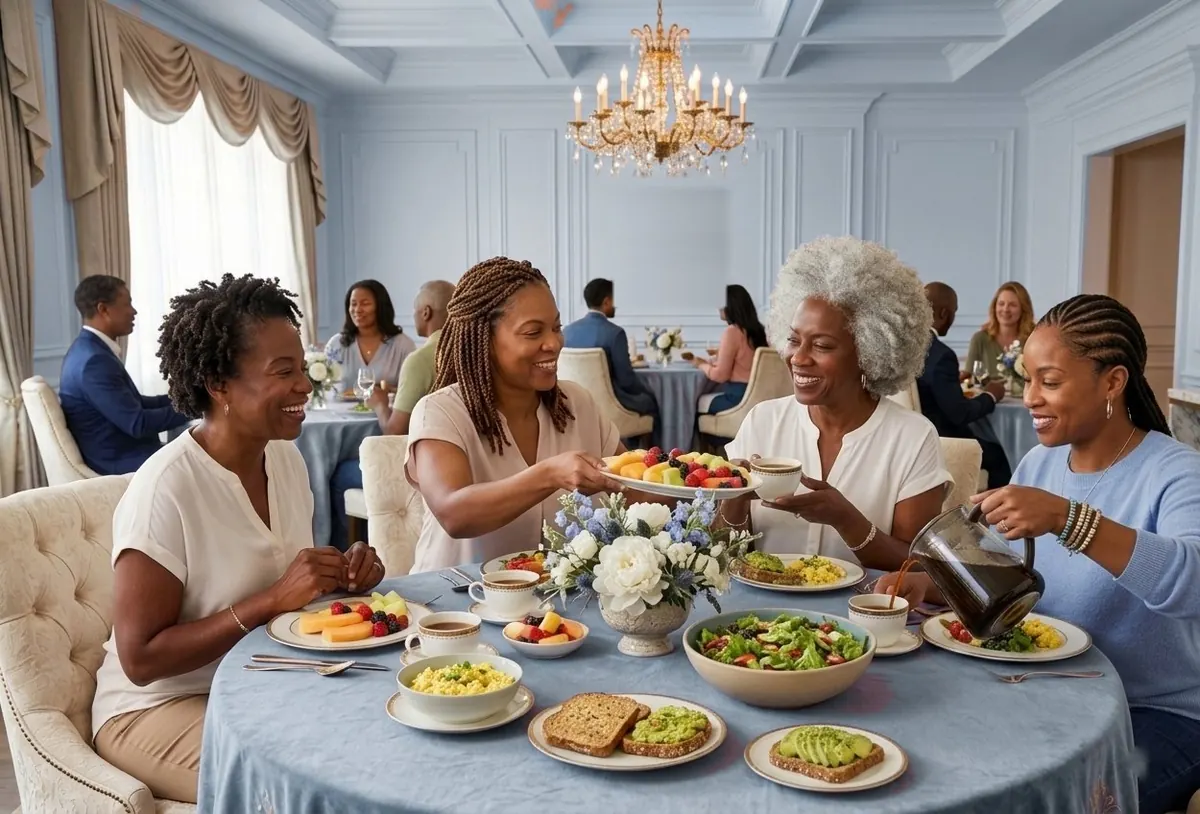 Four women share a healthy brunch at a blue-draped table in a light blue room, one pouring coffee