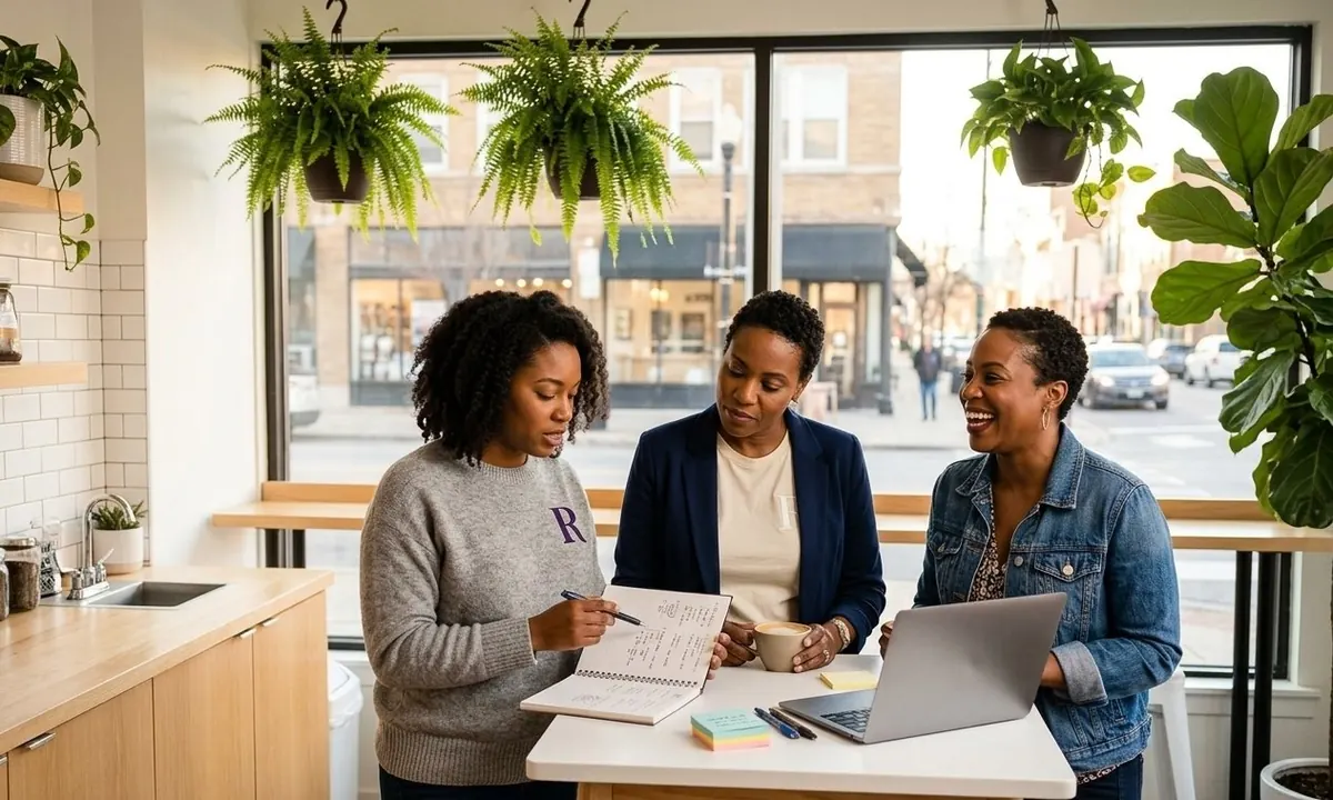 Three women plan together at a tall table in a sunny cafe, one taking notes in a notebook