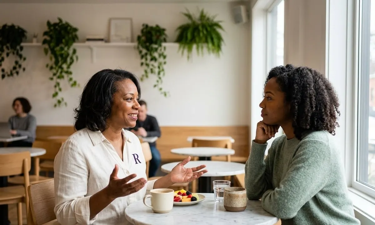 Two women talk over coffee at a small marble table by a sunny cafe window
