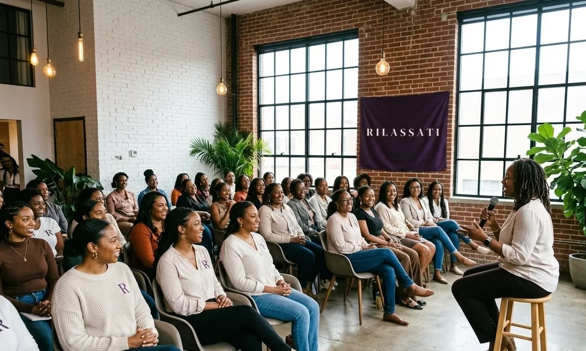 A room of women seated in rows smile as a speaker on a stool talks with them in a brick loft