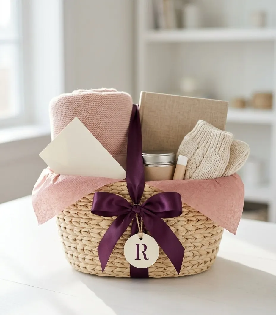 A woven basket with a pink blanket, cozy socks, a journal and a note card, tied with an aubergine ribbon