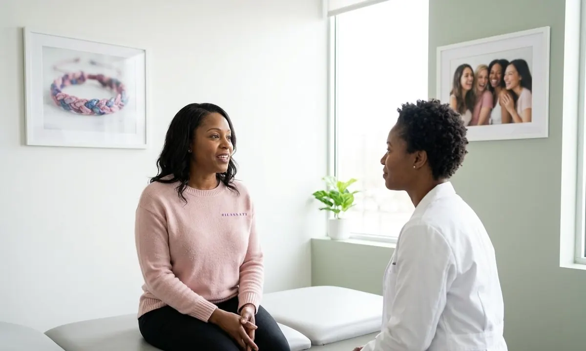 A woman in a pink sweater talks with her doctor in a bright exam room