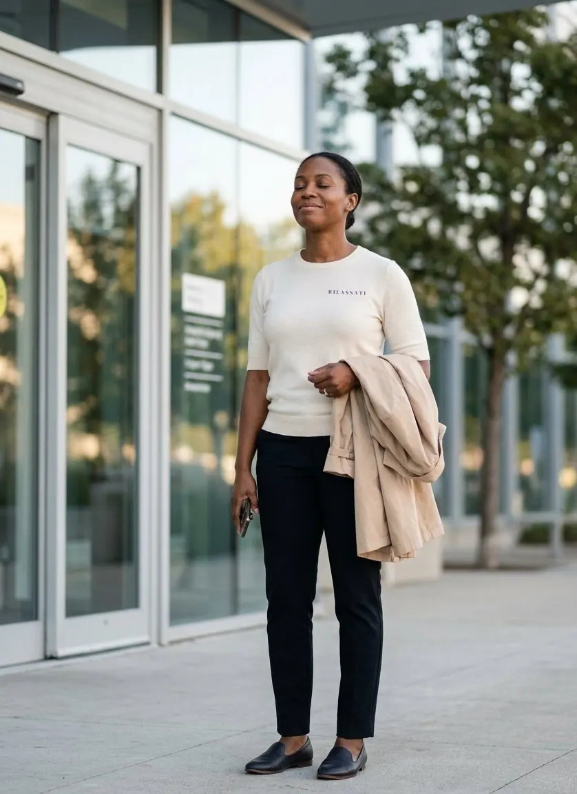 A woman stands outside a medical building with her eyes closed and a calm smile, her jacket over her arm