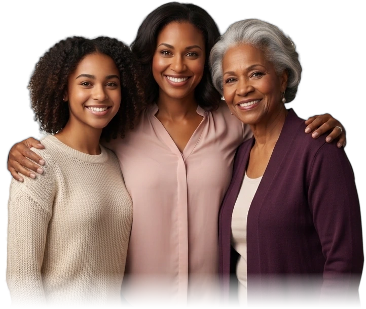 Three women from three generations standing together and smiling