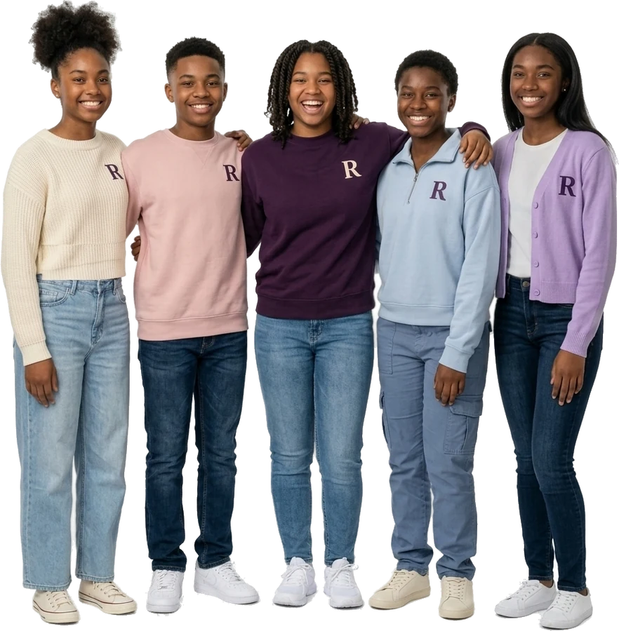 Five smiling Black teenagers, three girls and two boys, standing arm in arm in cream, pink, aubergine, blue and lavender tops, each with a small R on the chest