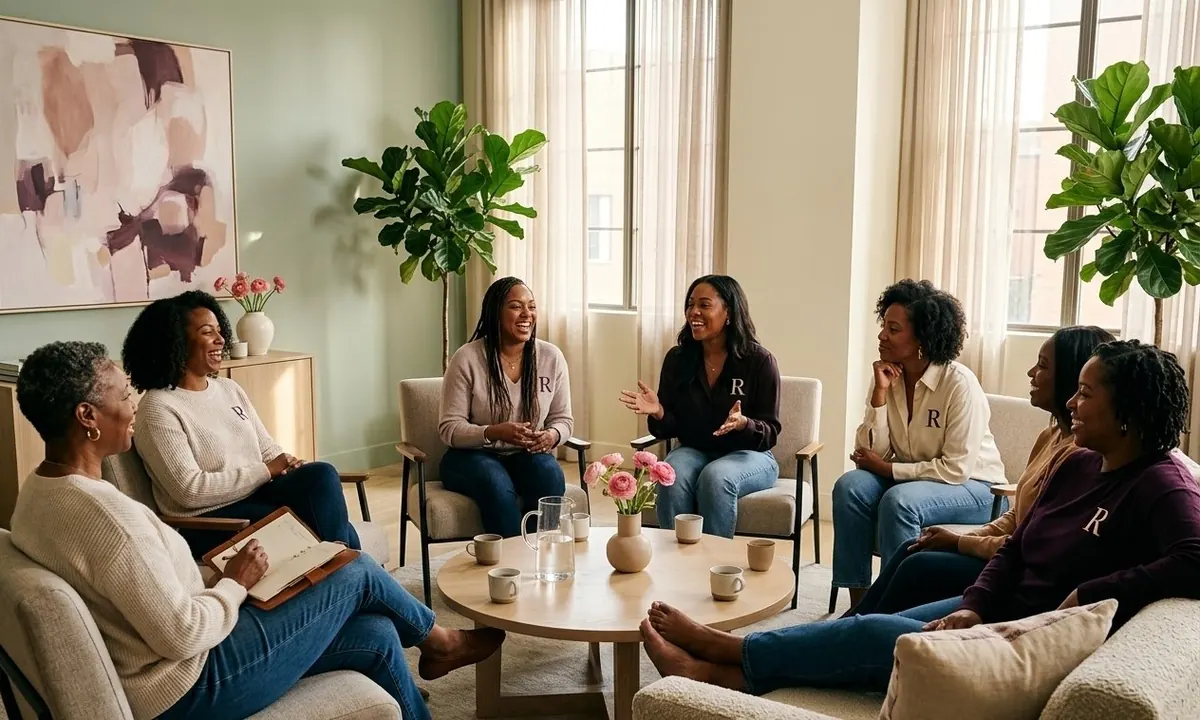 Seven women laughing and talking together in a circle of armchairs in a bright living room