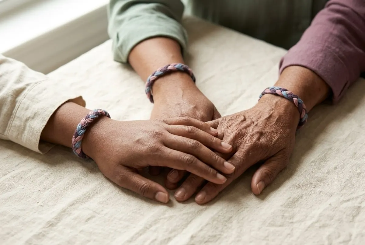 Three women's hands resting together, each wearing a braided bracelet in pink, purple and blue