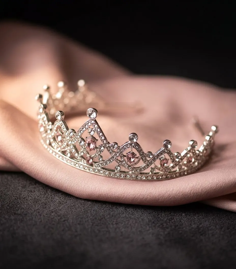 A silver crown set with crystals resting on blush pink silk