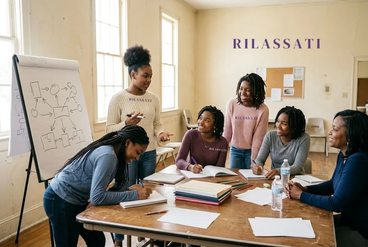 Five teenage girls and a woman mentor working together around a table during a leadership workshop