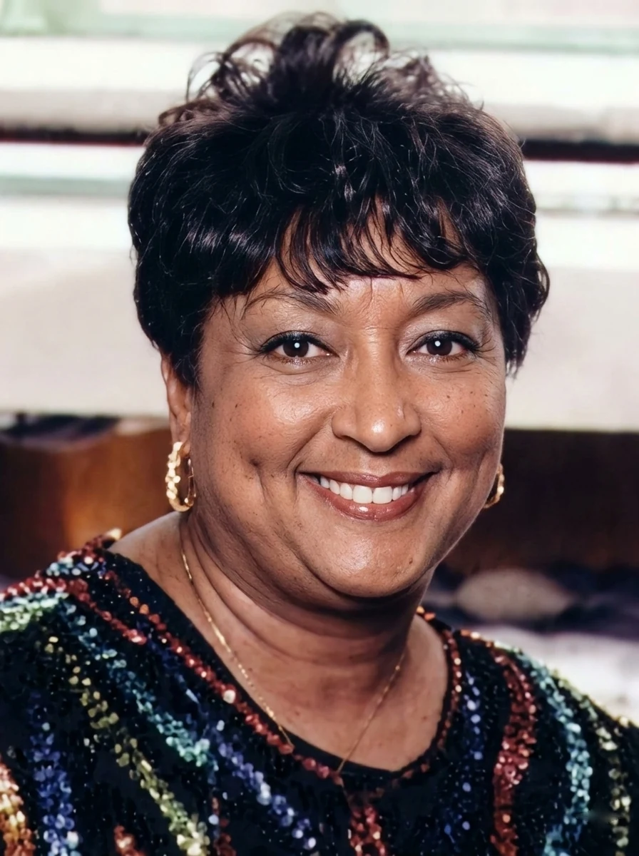 Dr. Winifred Frelow smiling in a sequined top